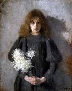 Olga Boznanska Girl with chrysanthemums oil on canvas